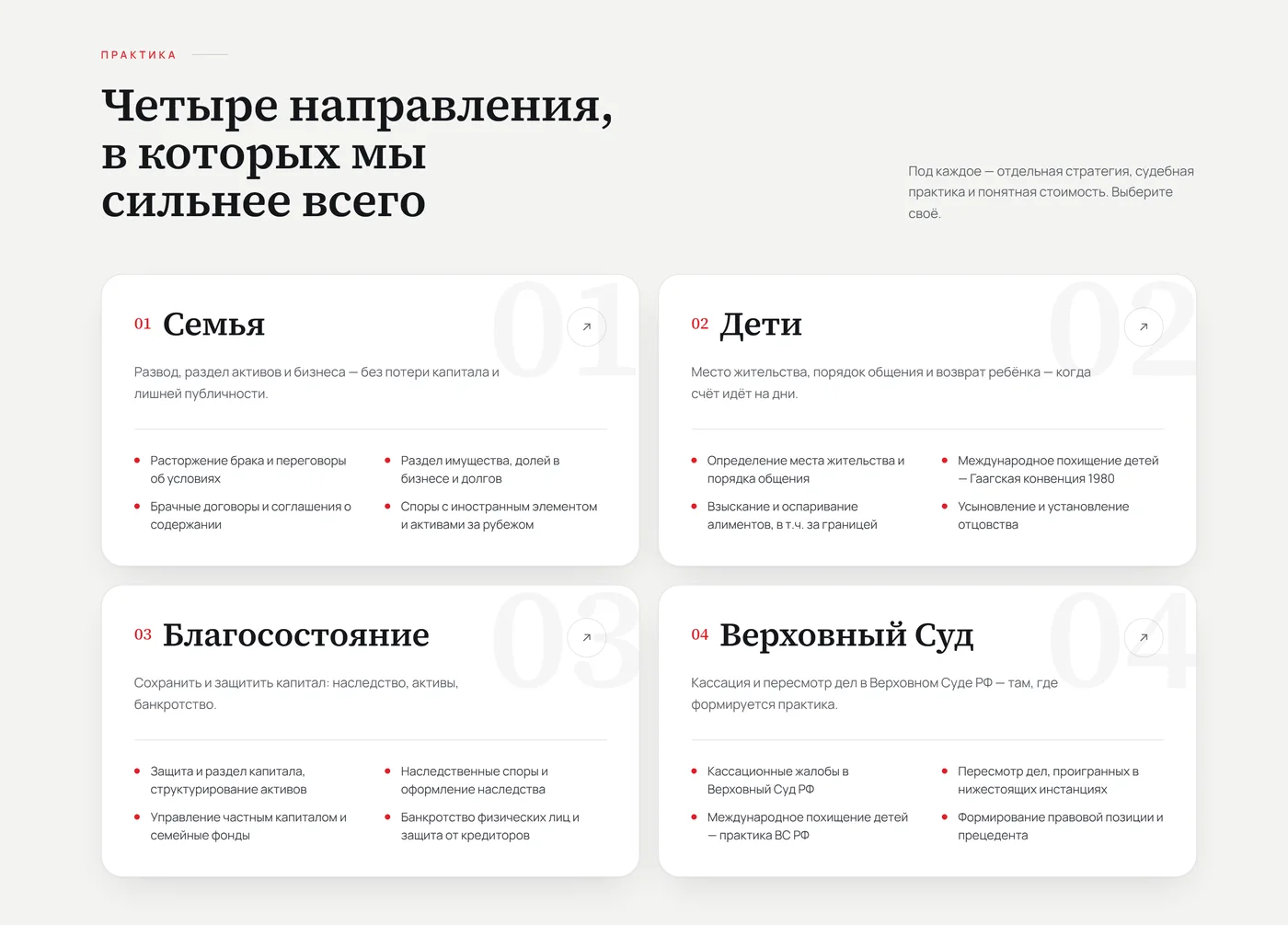 Раздел практик на сайте юридической компании: четыре направления отдельными карточками с составом задач